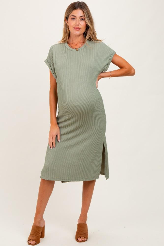 olive ribbed short sleeve maternity midi dress