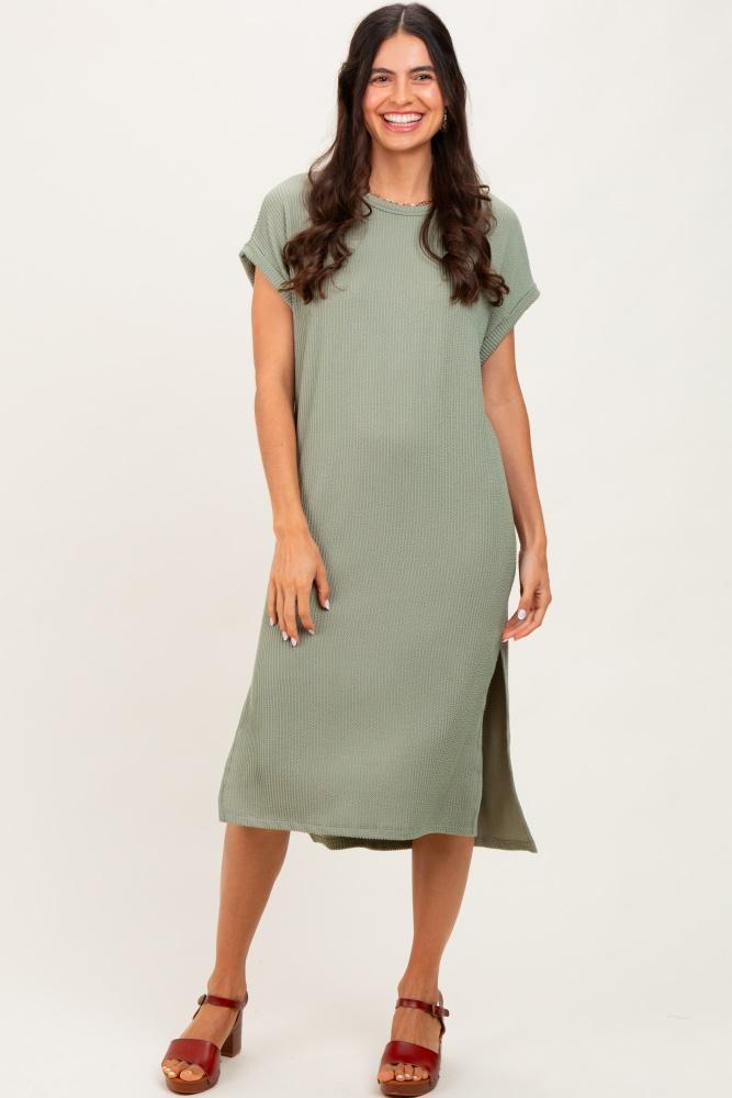olive ribbed short sleeve midi dress