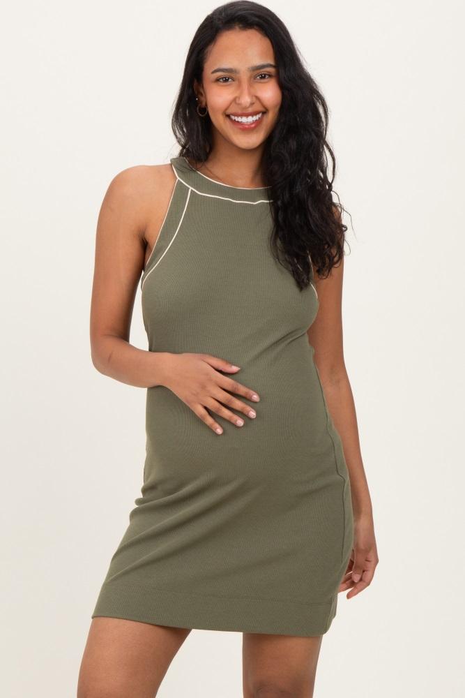 olive ribbed sleeveless maternity mini dress