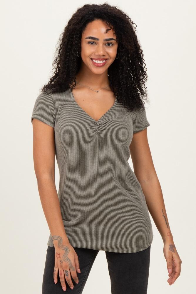 olive ribbed sweetheart-neckline top
