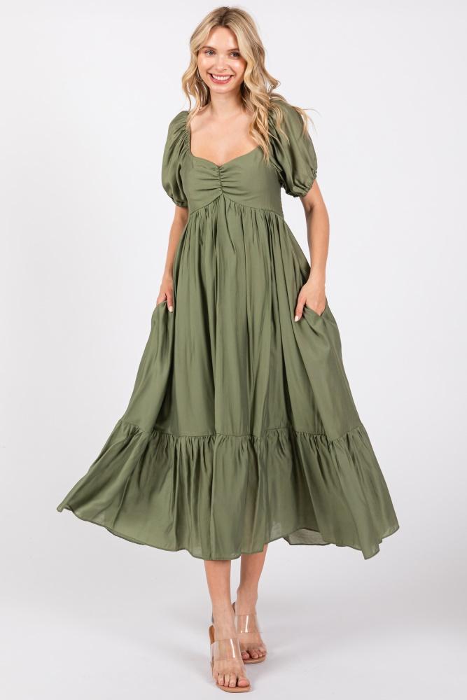 olive ruched sweetheart neck tiered midi dress