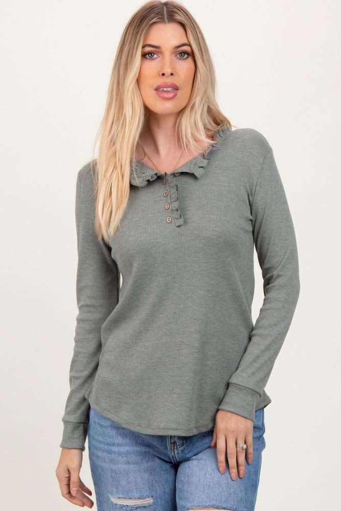olive ruffle collar micro waffle knit henley top