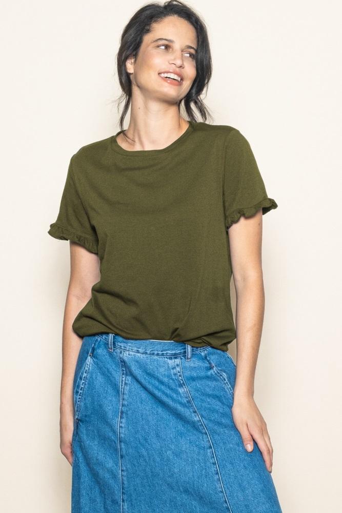 olive ruffle trim short sleeve t-shirt