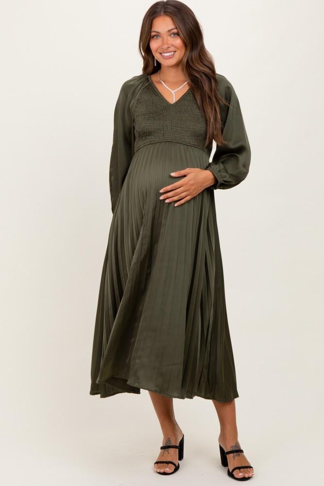 olive satin smocked pleated maternity midi dress