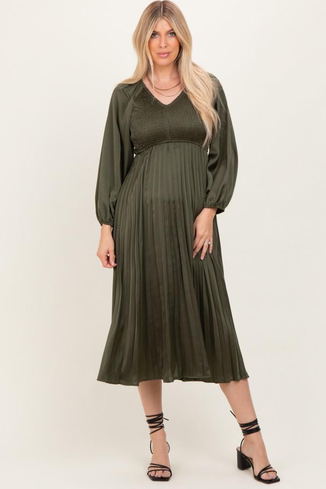 olive satin smocked pleated midi dress