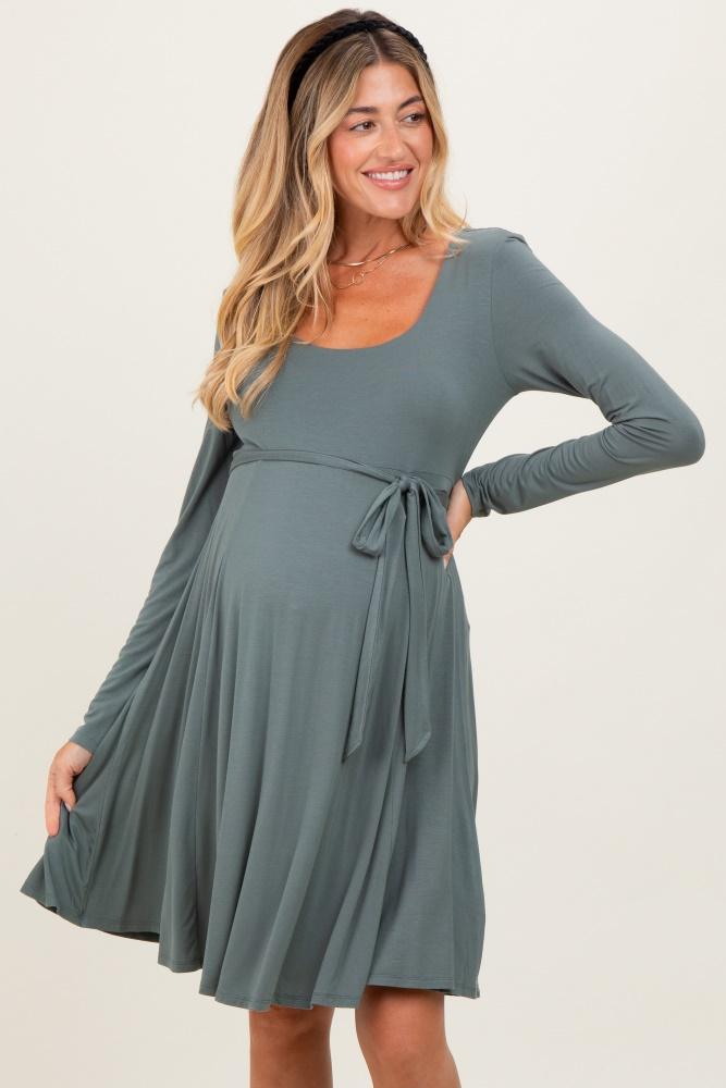 olive scoop neck long sleeve waist tie maternity dress