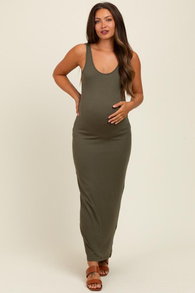 olive scoop neck sleeveless rayon rib maternity maxi knit dress