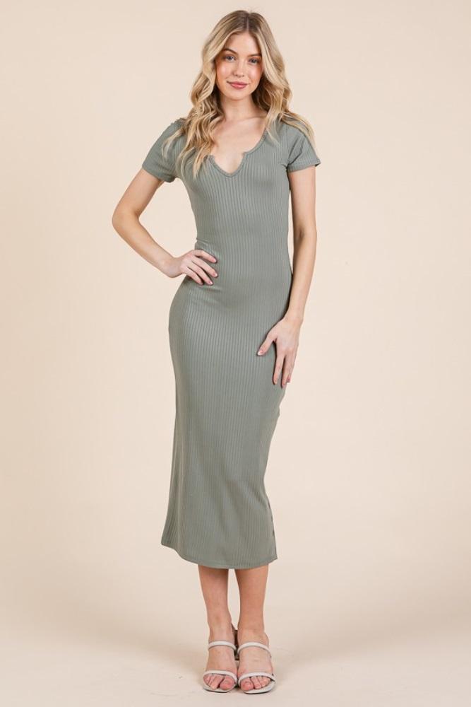 olive short sleeve side button ribbed midi dress