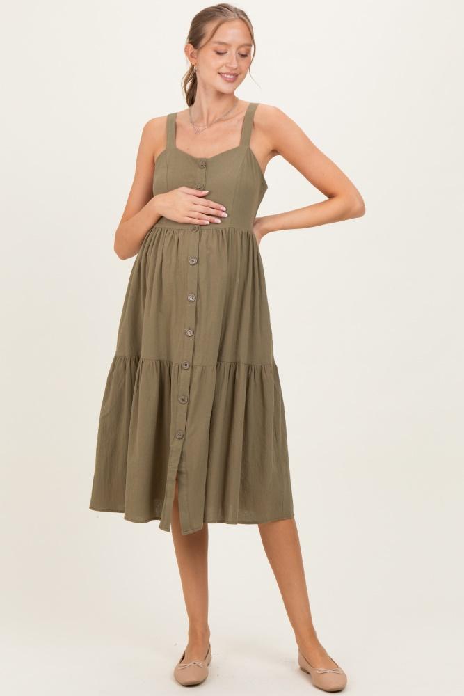 olive sleeveless button down tiered maternity midi dress