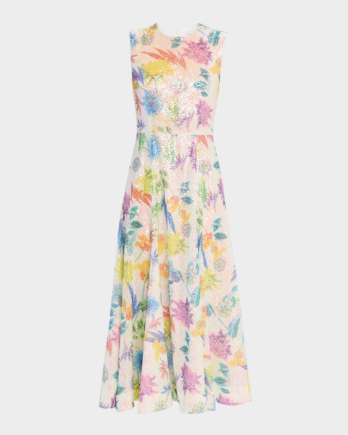 olive sleeveless floral sequin midi dress