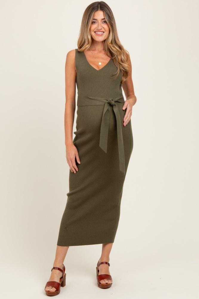 olive sleeveless ribbed belted midi maternity dress