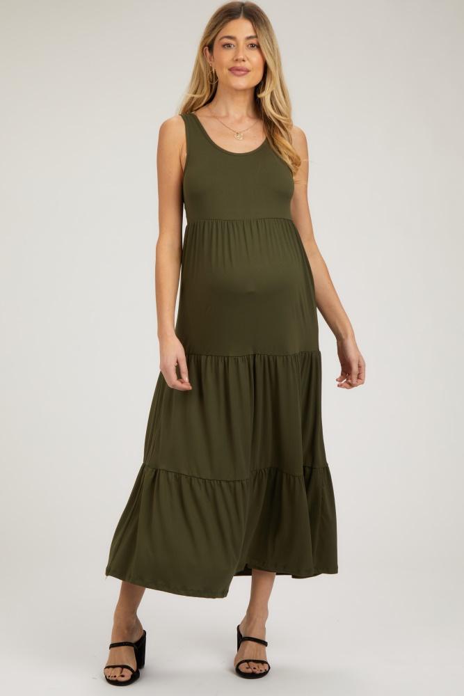 olive sleeveless scoop back tiered maternity maxi dress