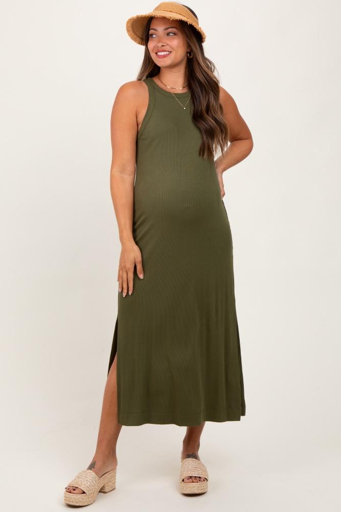 olive sleeveless side slit maternity midi dress
