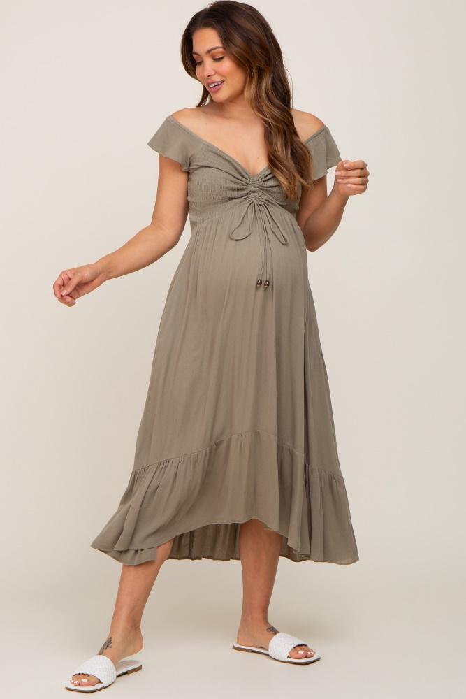 olive smocked ruched ruffle hem maternity maxi dress