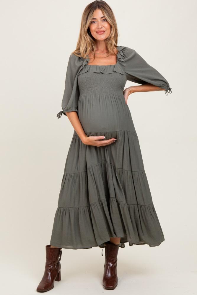 olive smocked ruffle detail tiered maternity midi dress
