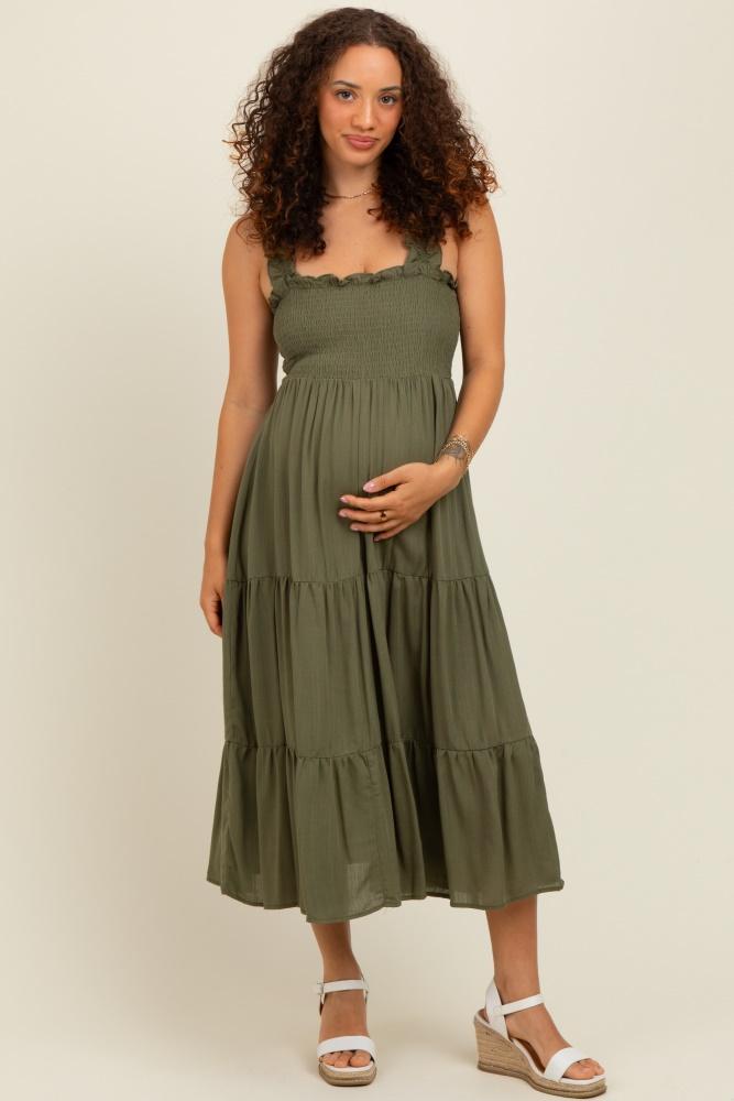 olive smocked ruffle strap tiered maternity midi dress