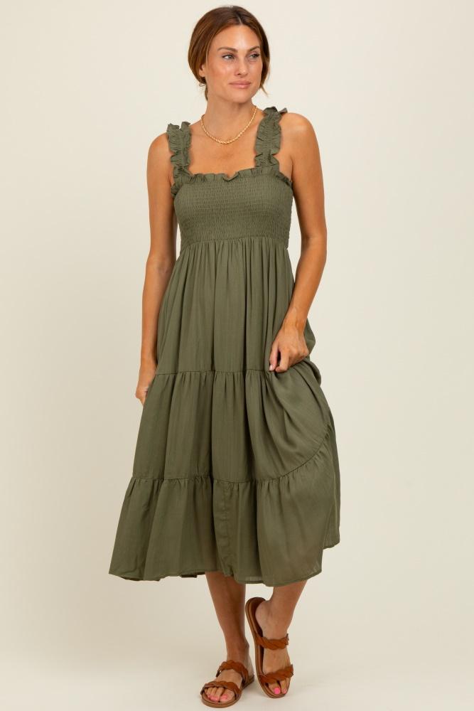 olive smocked ruffle strap tiered midi dress