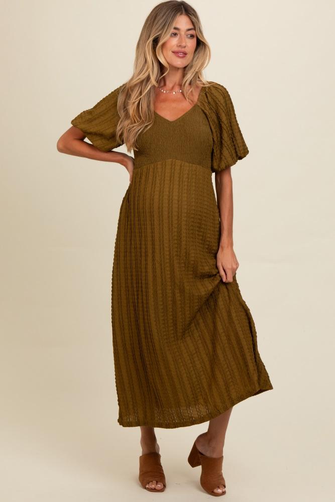 olive smocked v-neck short puff sleeve textured maternity midi dress