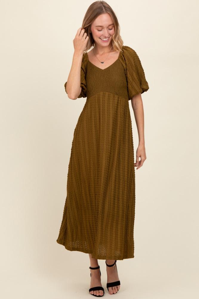 olive smocked v-neck short puff sleeve textured midi dress