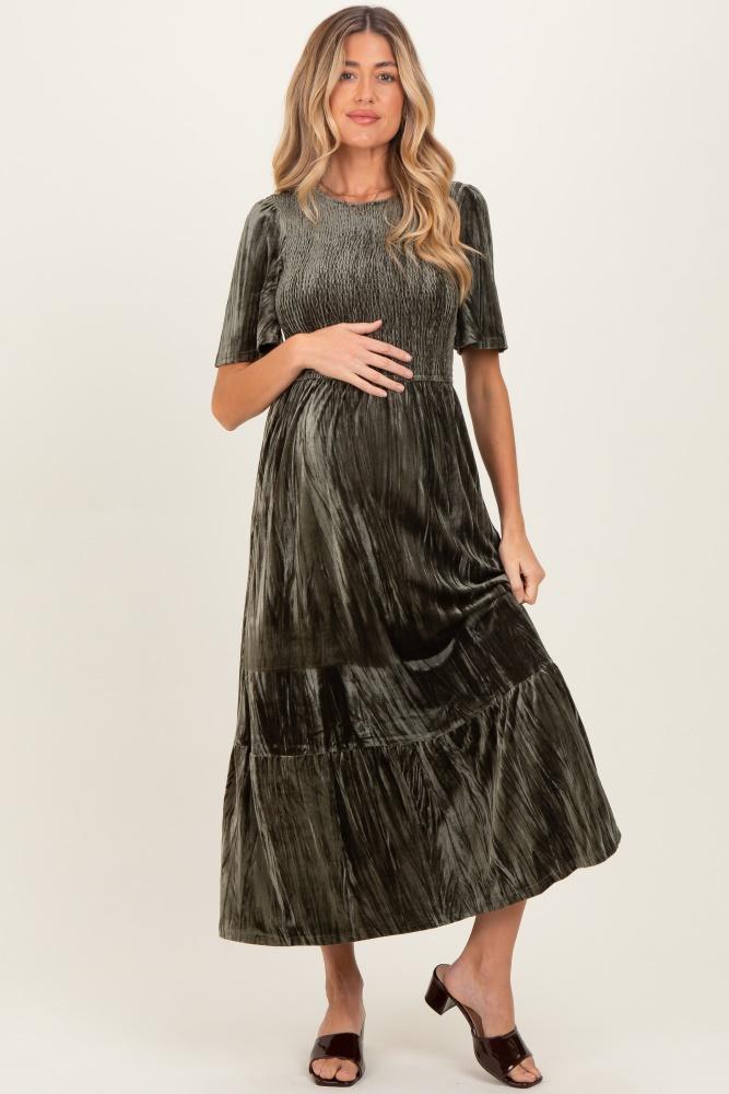 olive smocked velvet maternity midi dress