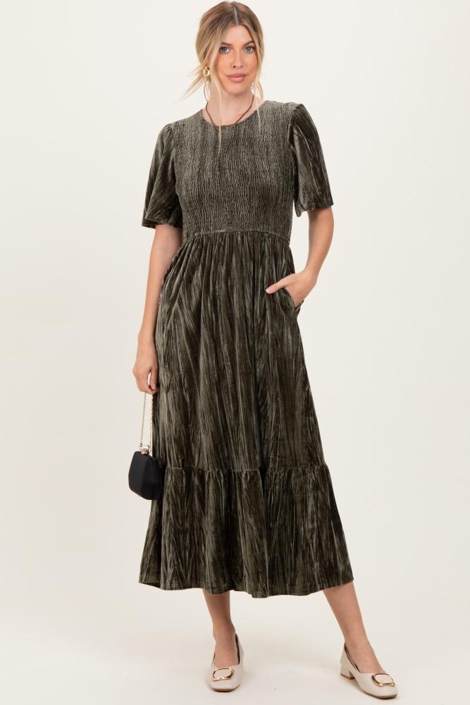 olive smocked velvet midi dress