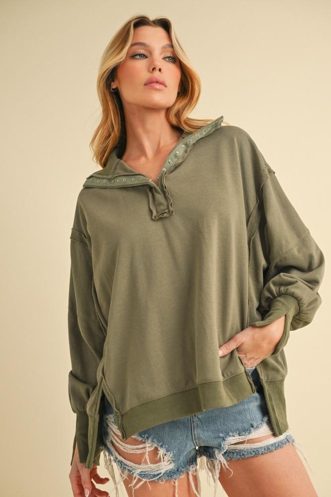 olive snap button pullover henley sweatshirt