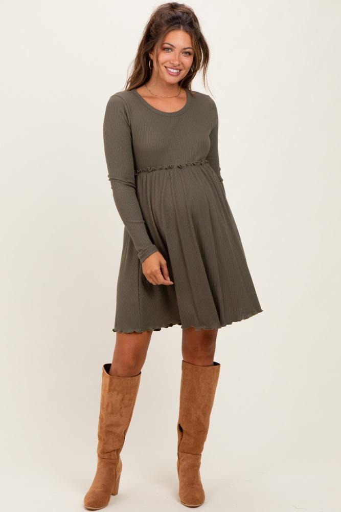 olive solid ribbed long sleeve crewneck shirring maternity mini dress