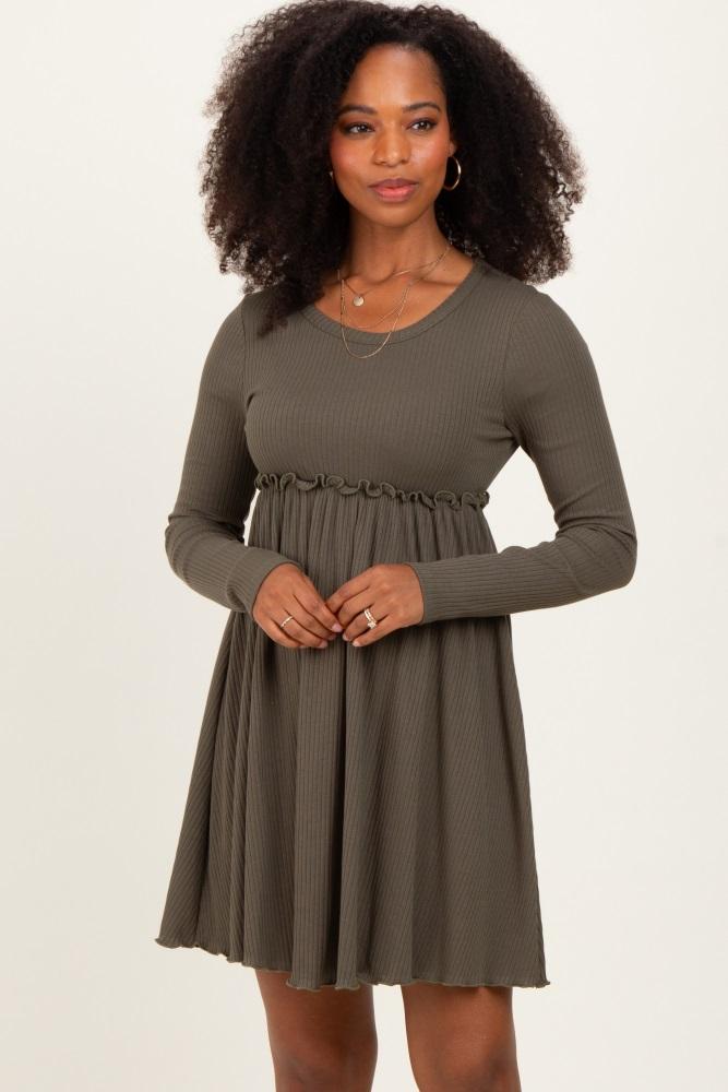 olive solid ribbed long sleeve crewneck shirring mini dress