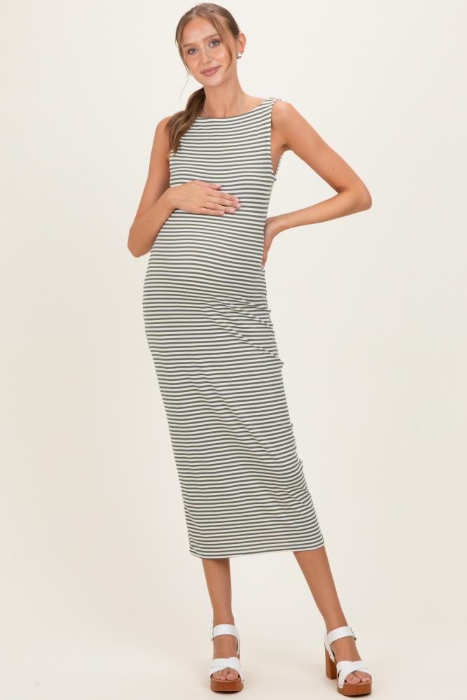 olive striped boat neck sleeveless maternity midi dress