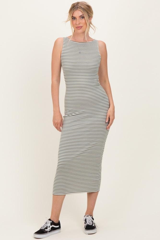 olive striped boat neck sleeveless midi dress
