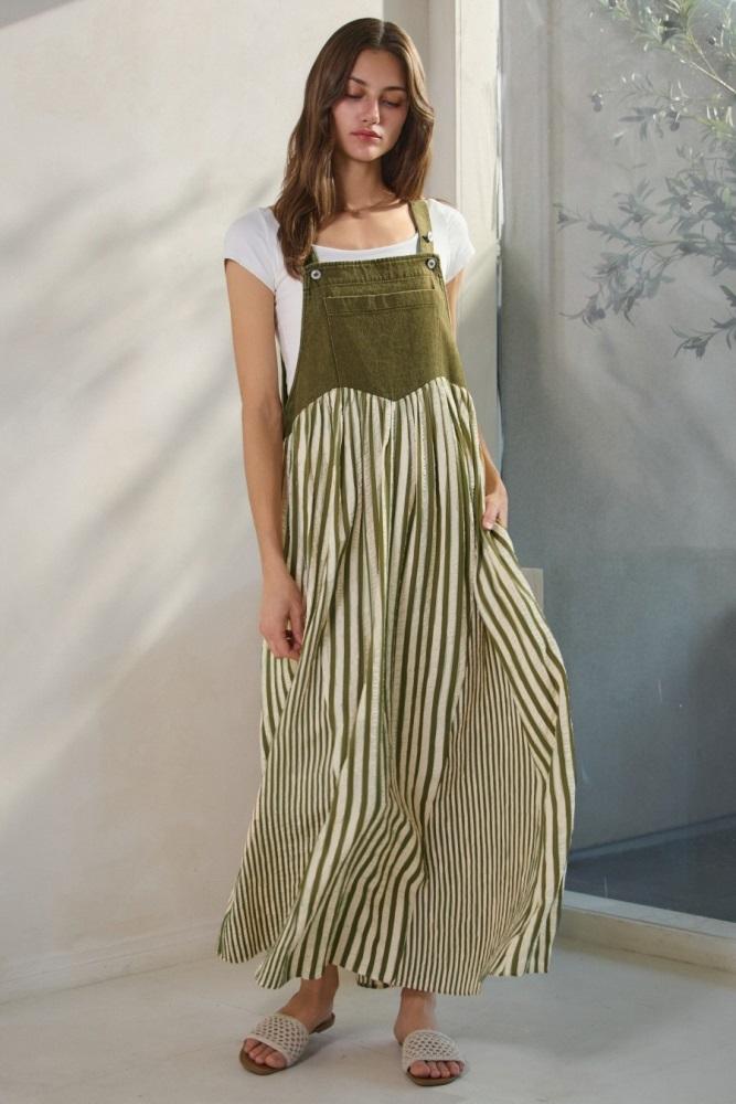 olive striped colorblock denim contrast maxi dress