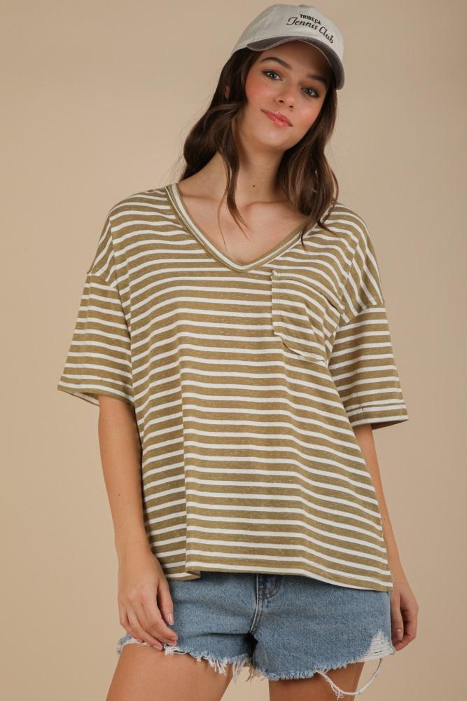 olive striped oversized v-neck front pocket t-shirt