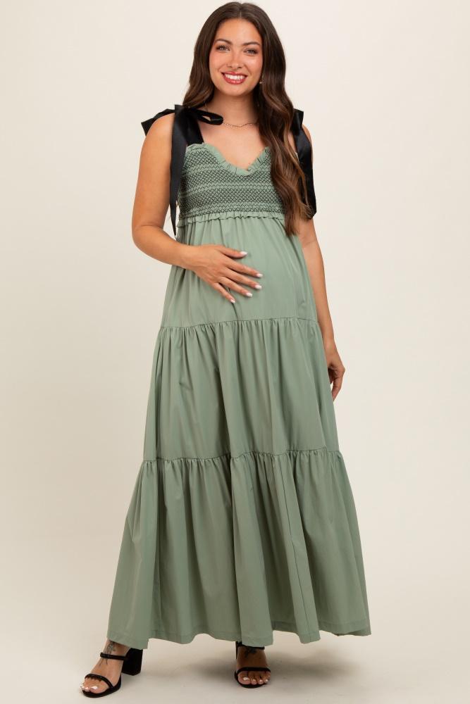 olive sweetheart neck smocked embroidered ribbon shoulder tie maternity midi dress