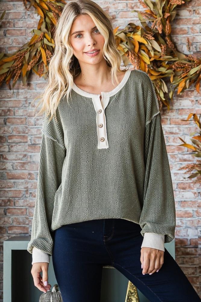 olive textured rib bubble sleeve henley