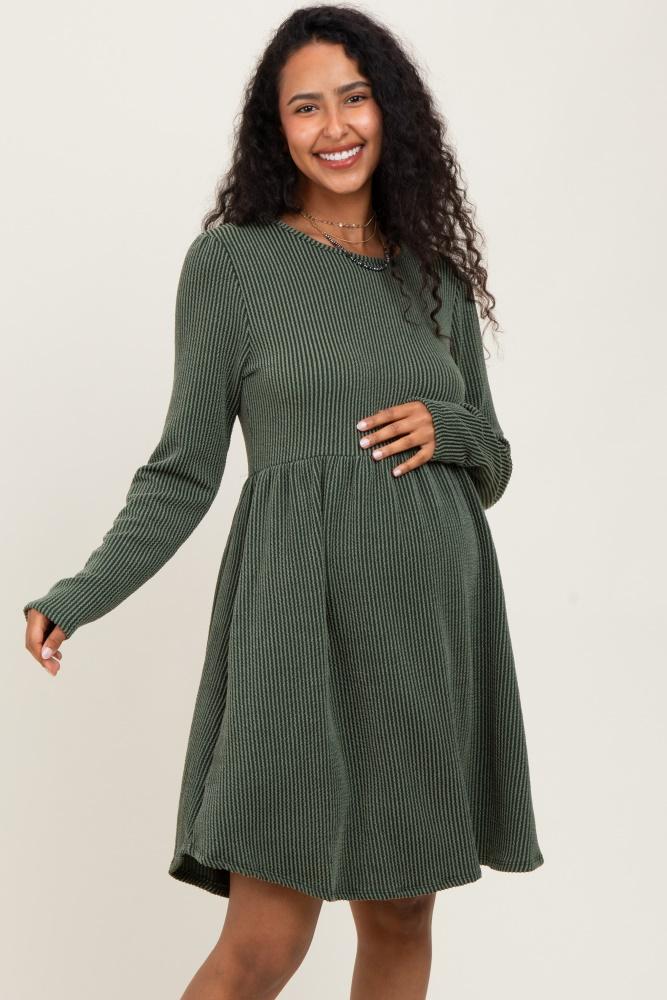 olive textured rib long sleeve maternity dress