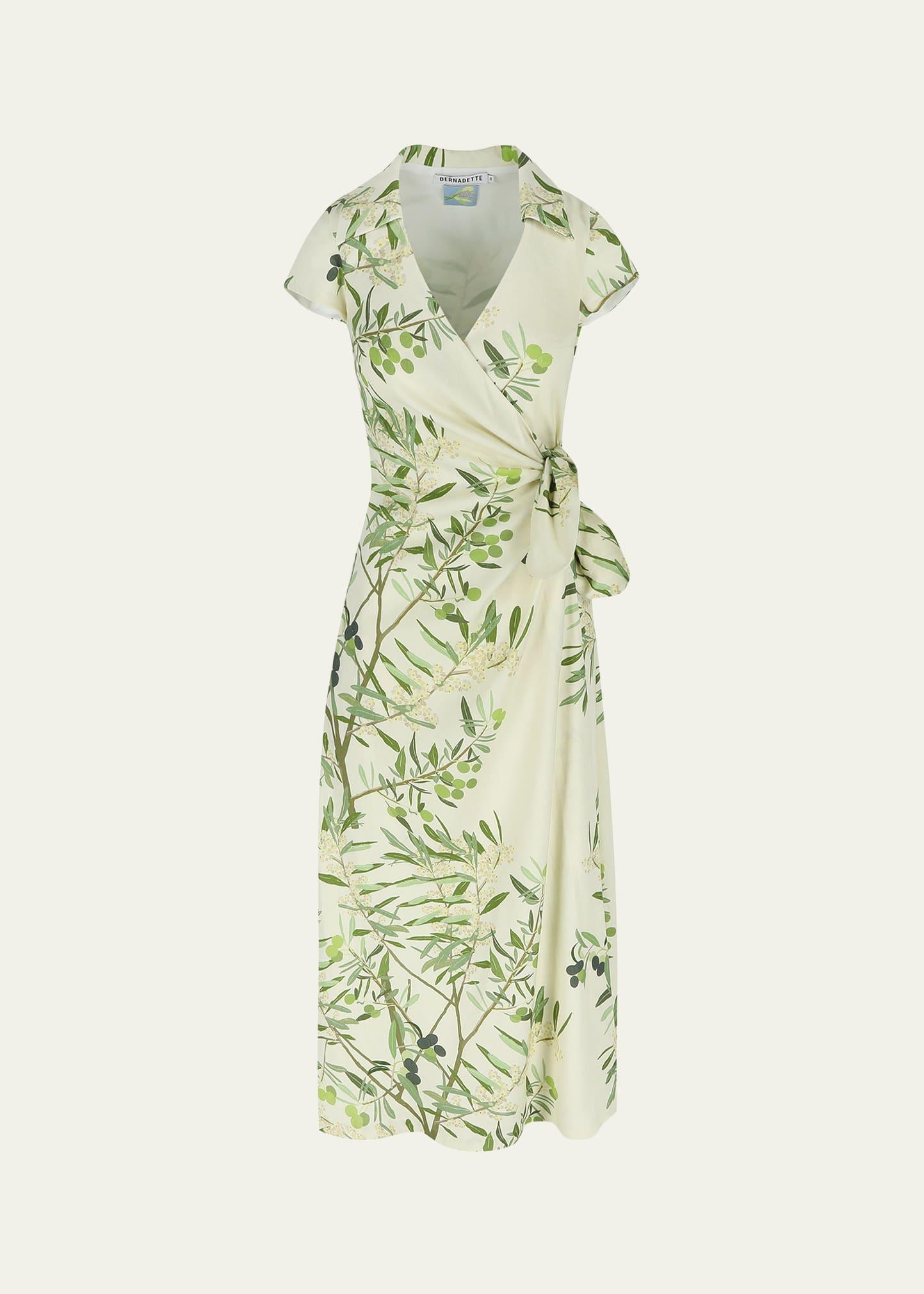 olive tree print wrap dress