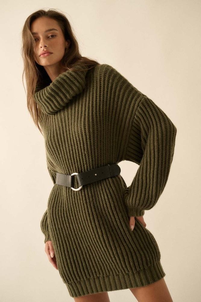 olive turtleneck puff sleeve sweater dress