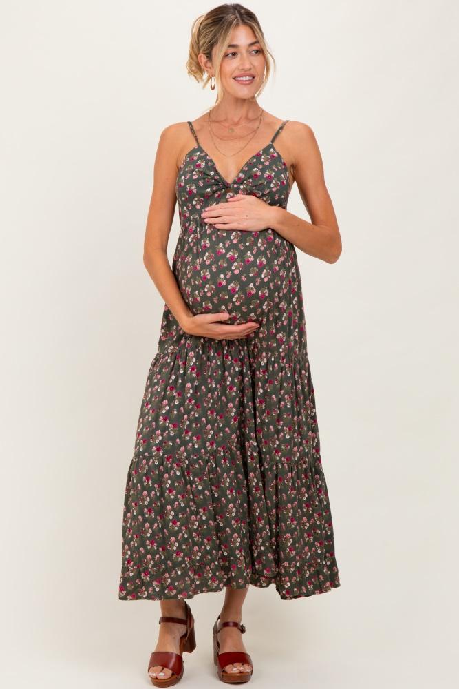 olive twist front tiered maternity midi dress