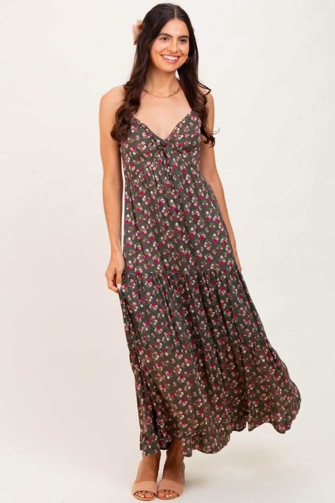 olive twist front tiered midi dress