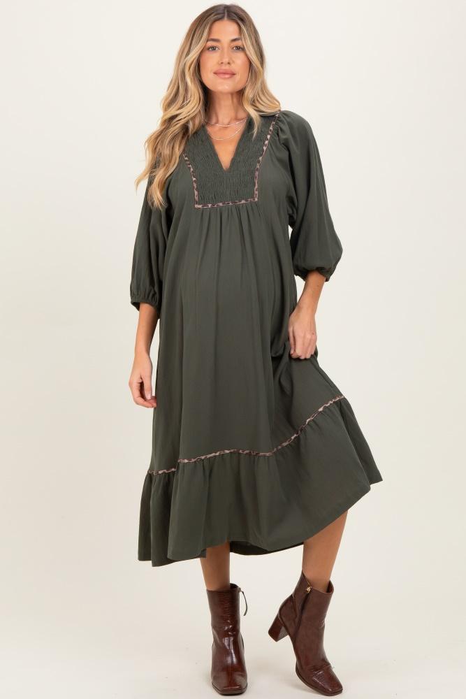 olive v-neck contrast trim 3/4 sleeve maternity midi dress