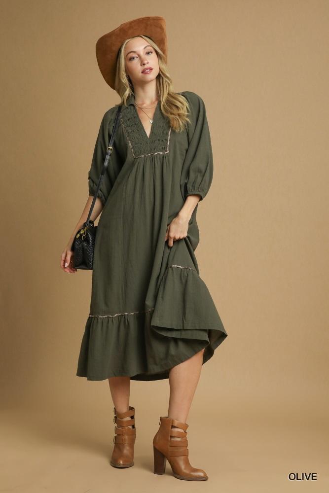 olive v-neck contrast trim 3/4 sleeve midi dress