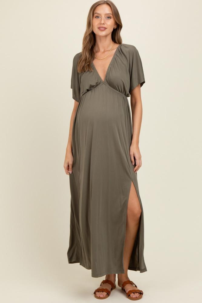olive v-neck flutter sleeve side slit maternity maxi dress