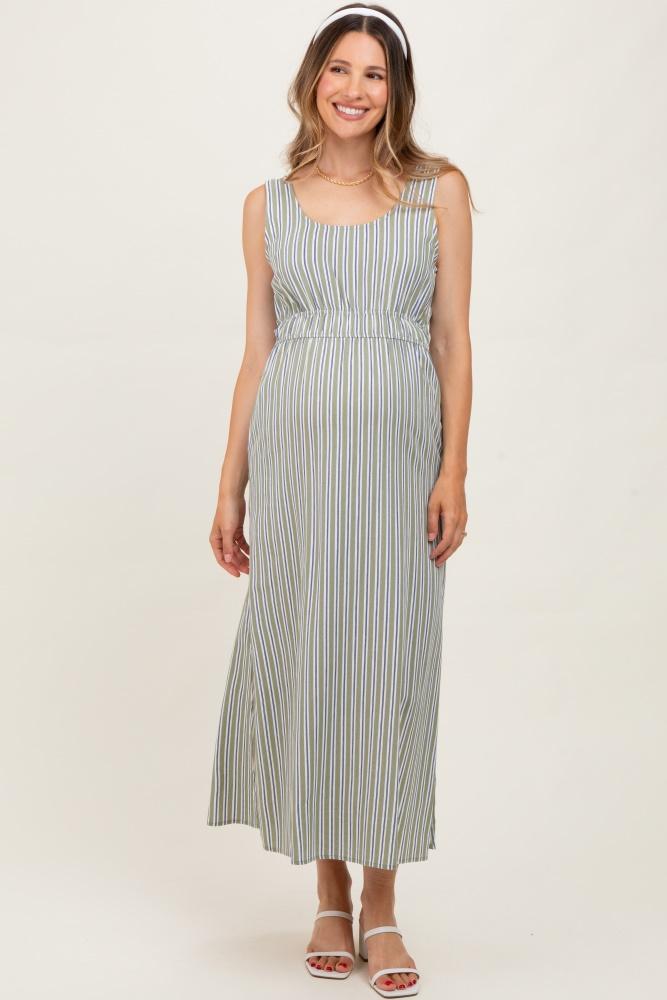 olive-white stripe side slit maternity maxi dress
