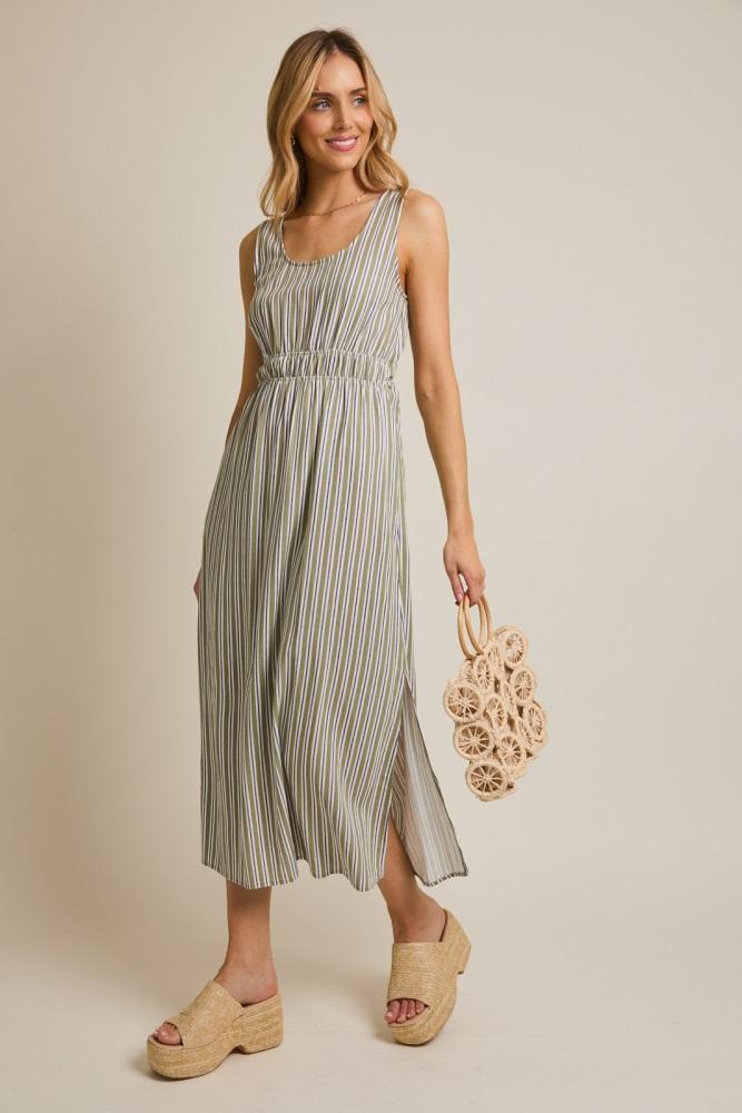 olive-white stripe side slit maxi dress