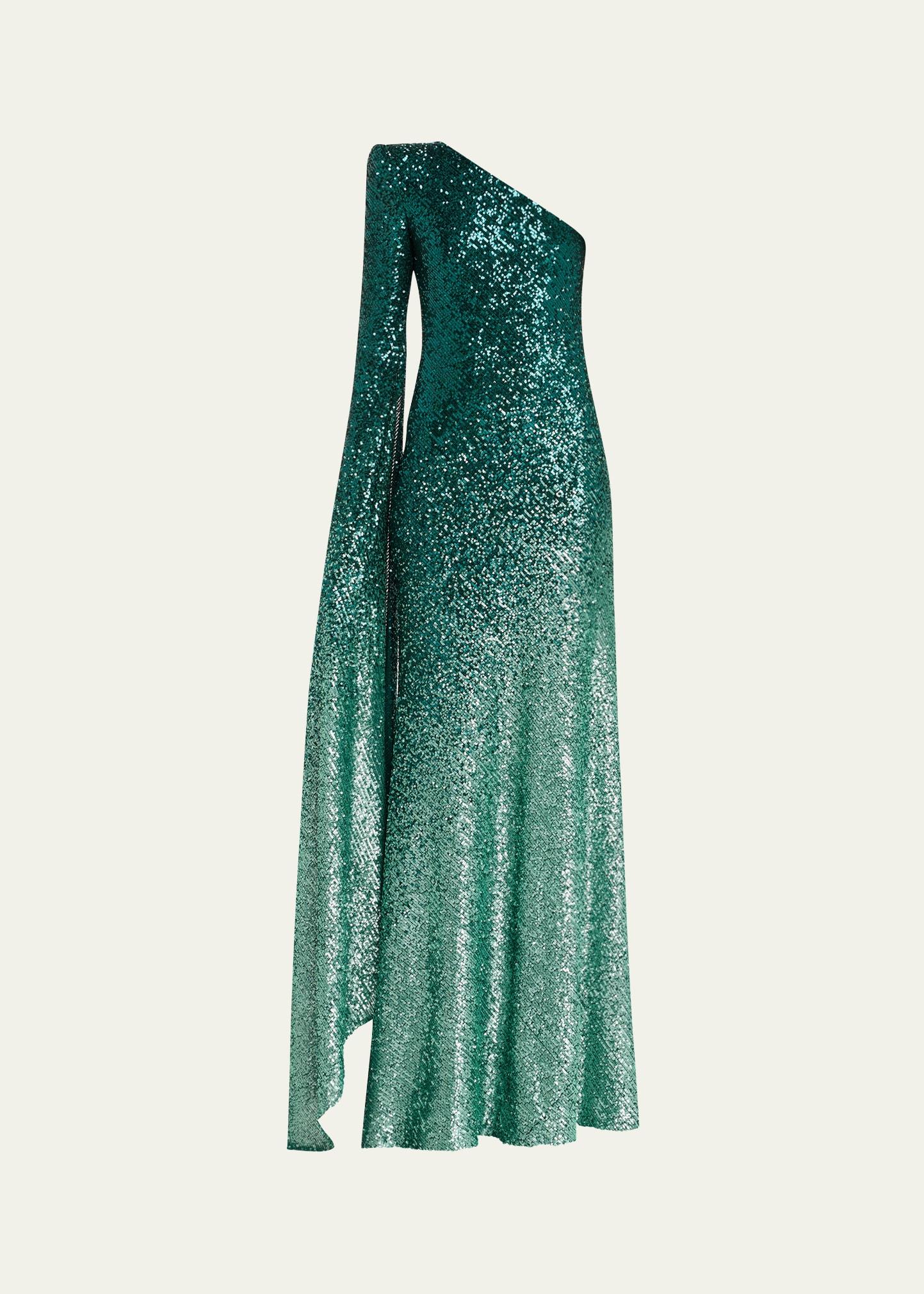 ombre sequined one-shoulder cascading sleeve gown