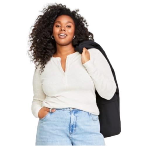 on 34th plus size ribbed soft long-sleeve henley top, sandy beige - size 2x, beige, 2x