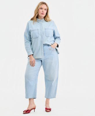 on 34th trendy plus size embellished collar denim shirt embellished cropped barrel leg jeans macys exclusive