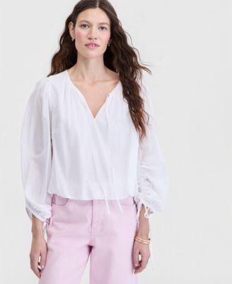 on 34th womens cotton solid tie front volume sleeve blouse macys exclusive
