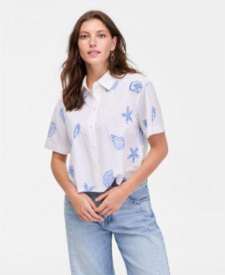 on 34th womens cotton two tone embroidered eyelet short sleeve shirt macys exclusive