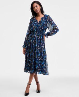on 34th womens printed ruffle trim long sleeve midi dress macys exclusive
